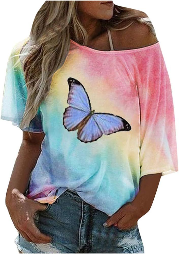 T Shirts for Women, Women Summer Butterfly Graphic Tee Casual Loose Off-Shoulder Tie-Dye Blouse T... | Amazon (US)