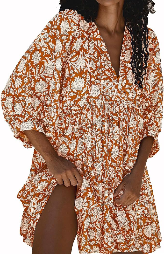 Womens Summer Dresses Casual Boho Floral Babydoll Balloon Sleeve Half Open Tether Flowy Short Bea... | Amazon (US)