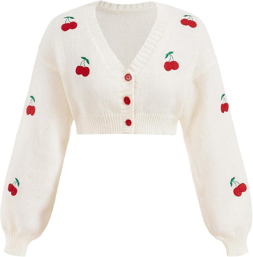 GORGLITTER Women's Cherry Button Up Cropped Cardigans Long Sleeve Open Front Lightweight Dressy S... | Amazon (US)