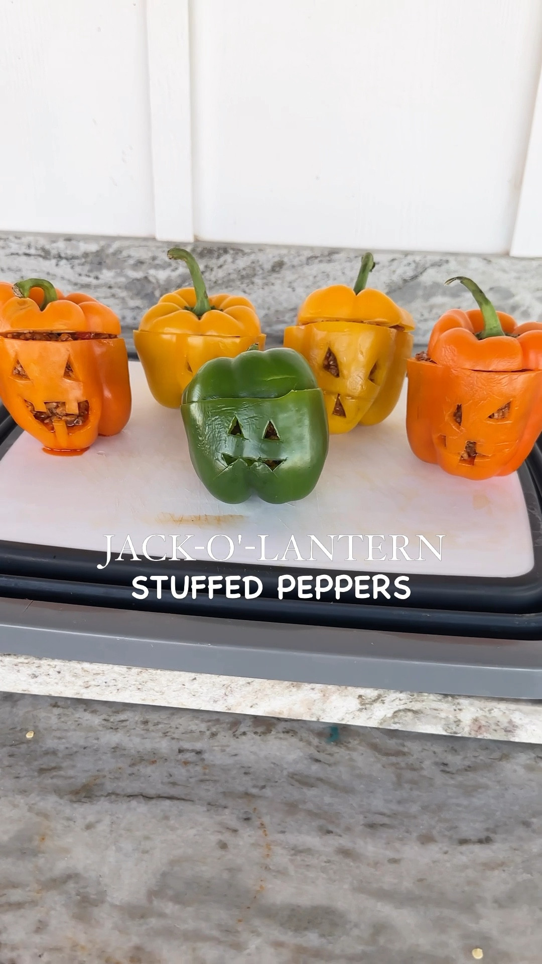 Have you made these? Let me know how it went in the comments below!

JACK-O'-LANTERN STUFFED PEPPERS

Ingredients
* 4 orange bell peppers
* extra-virgin olive oil
* Kosher salt
* Freshly ground black pepper
* 1 onion, finely chopped
* 2 garlic cloves, minced
* 2 tsp. chili powder
* 1 lb. ground beef
* 1 c. cooked white rice
* 1 c. low-sodium chicken broth, divided
* 1 (15-oz.) can fire-roasted tomatoes
* 1 c. shredded Monterey Jack, divided


Directions: 
Step 1: Preheat oven to 350°. Cut off (and reserve) the top of each pepper. Remove and discard the cores and seeds. Using a sharp paring knife, carve a Jack O'Lantern face into each pepper. Drizzle the inside of each pepper with oil and season lightly with salt and pepper.

Step 2: Time to make your stuffing: Heat a tablespoon of oil in a large nonstick skillet. Cook onions, garlic, and beef until meat is no longer pink, breaking up meat with a wooden spoon. Turn off heat and drain fat. Return skillet to stovetop over medium heat. Season with salt and pepper to taste and stir in chili powder. Add fire-roasted tomatoes, 1/2 cup chicken broth, cooked rice and 3/4 cup of cheese. Stir until mixture is evenly combined.

Step 3: Divide rice and beef mixture between hollowed out peppers. Top with remaining 1/2 cup of cheese. Cover with foil and bake for 30 minutes. Then remove foil and cook for another 10 to 15 minutes, or until peppers are tender and cheese is melty.

This was fun and super easy! 🎃 
#halloweenfun #jackolanternstuffedpeppers #jackolanterns #funrecipes #seasonalrecipes #fallrecipes #outdoorkitchen #momhacks101 #Itkvideo #itkhome #recipesharing #easyrecipesathome #recipeinspo

#LTKHalloween #LTKHome #LTKVideo