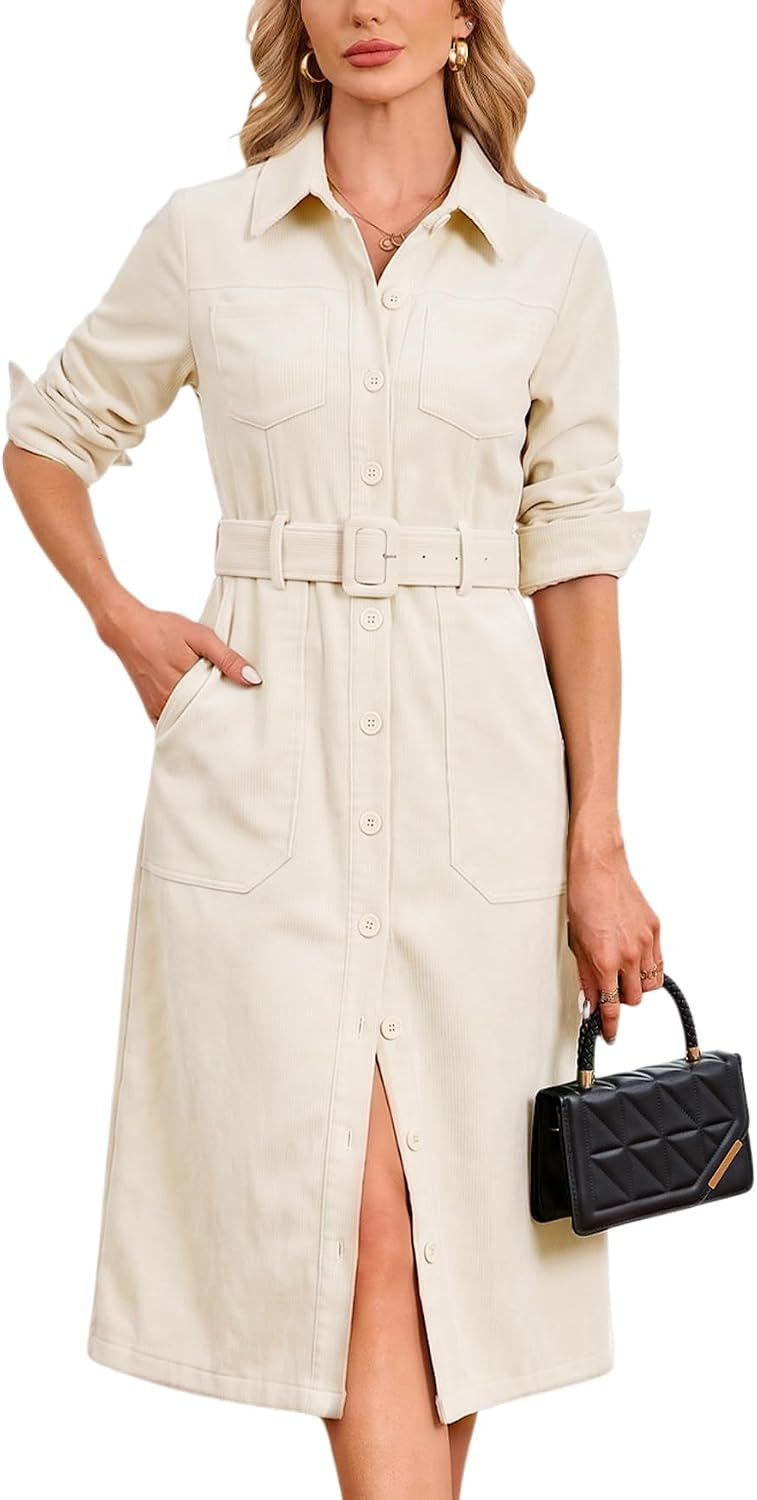 YEXPINE Women's Corduroy Midi Dress Belted Button Down Shirt Long Dresses | Amazon (US)