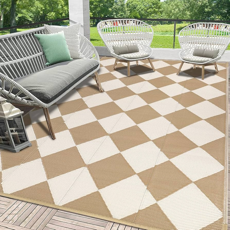 HEBE Outdoor Rug Waterproof 6x9, Checkered Plastic Straw Rug RV Camping Rug, Reversible Outdoor P... | Amazon (US)