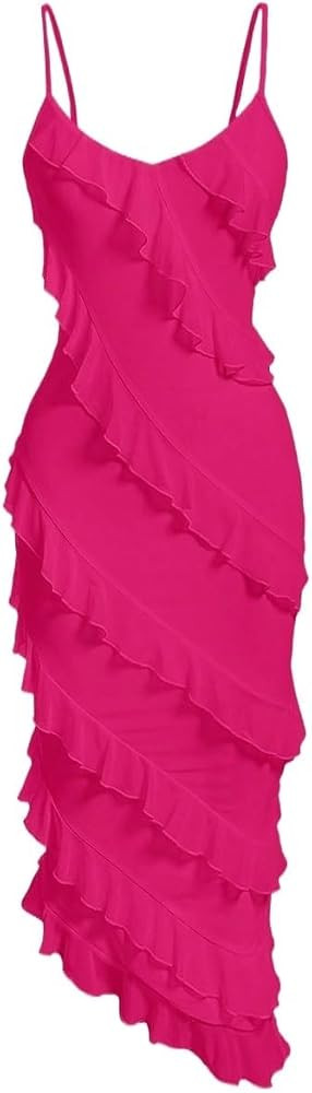 Women's Summer Strap Dress Elegant Solid Asymmetrical Hem Slim Fit Dress Fashion | Amazon (US)