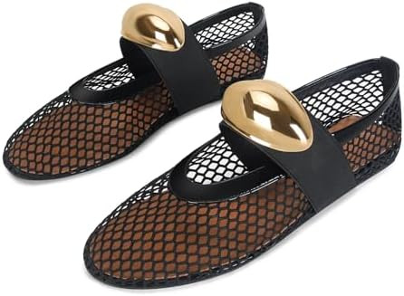 DOEYG Mesh Ballet Flats for Women Buckle Strap Comfy Casual Office Fishnet Ballerina Flat Shoes | Amazon (US)