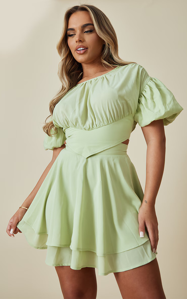 Sage Green Woven Tie Back Floaty Crop Top | PrettyLittleThing US