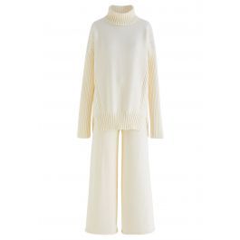 Turtleneck Hi-Lo Sweater and Knit Pants Set in Cream | Chicwish