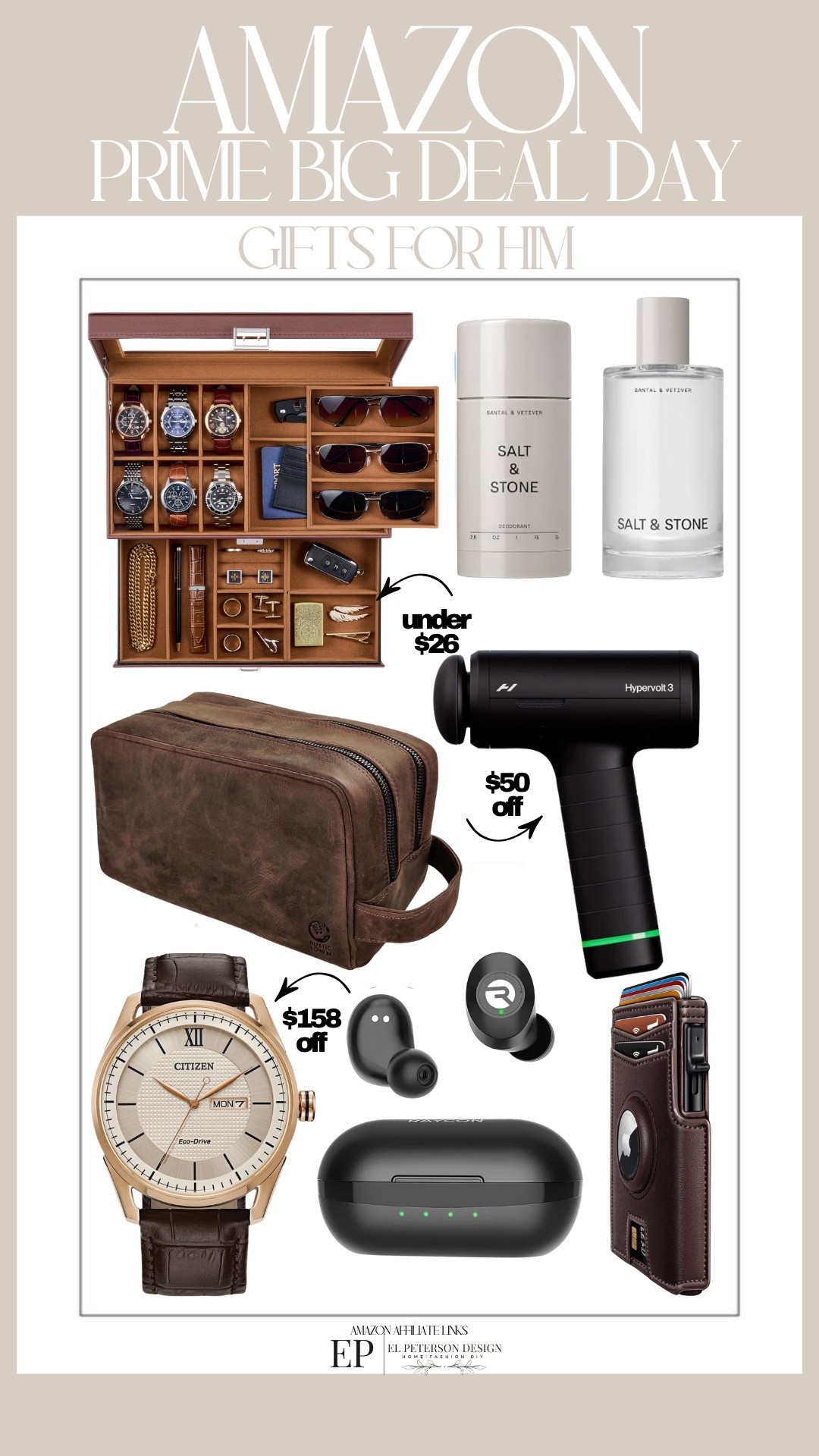 Amazon
Prime Big Deal Days
Gift guide for him
Wallet
Earbuds
Watch
Organizers for sunglasses and watch
Massager
Deodorant