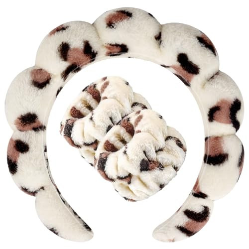 Zkptops Spa Headband for Washing Face Wristband Set Sponge Makeup Skincare Headband Wrist Plush Bubble Get Ready Hairbands for Women Puffy Headwear Non Slip Thick Thin Hair Accessory(Beige Leopard) | Amazon (US)