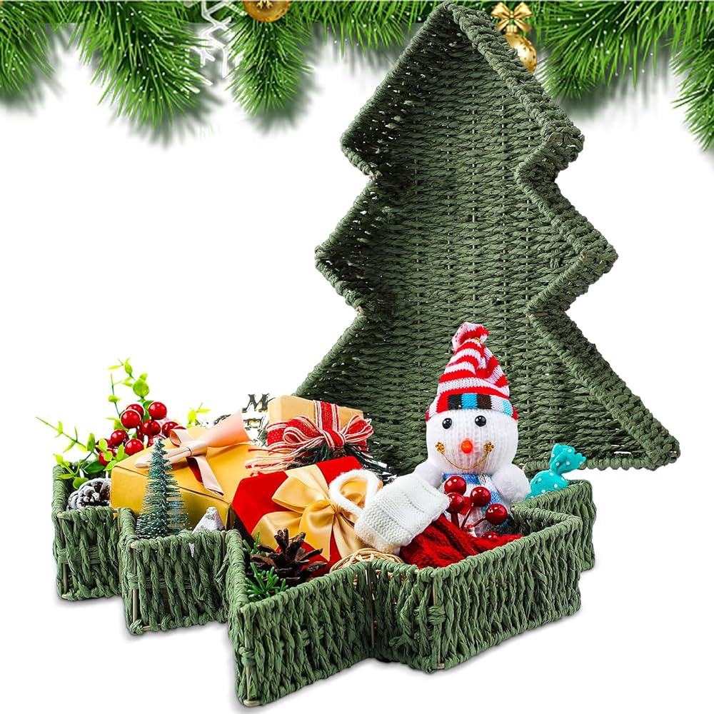 Vesici 2 Pcs Christmas Tree Wicker Basket, 16 ' 14 ' Christmas Tree Shaped Serving Trays, Hand Wo... | Amazon (US)