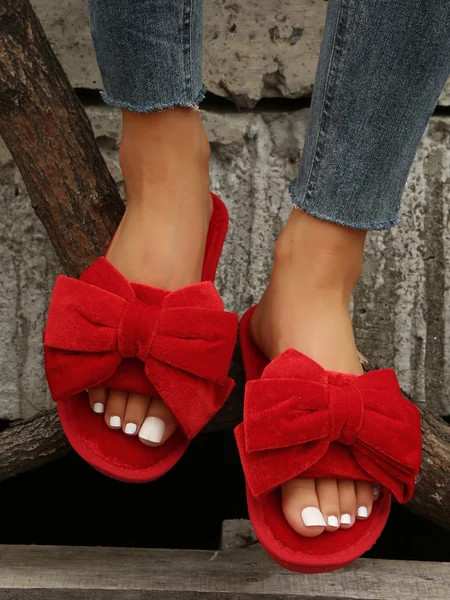 Casual Bow Decor Plain Velvet Living Room Slippers | Noracora