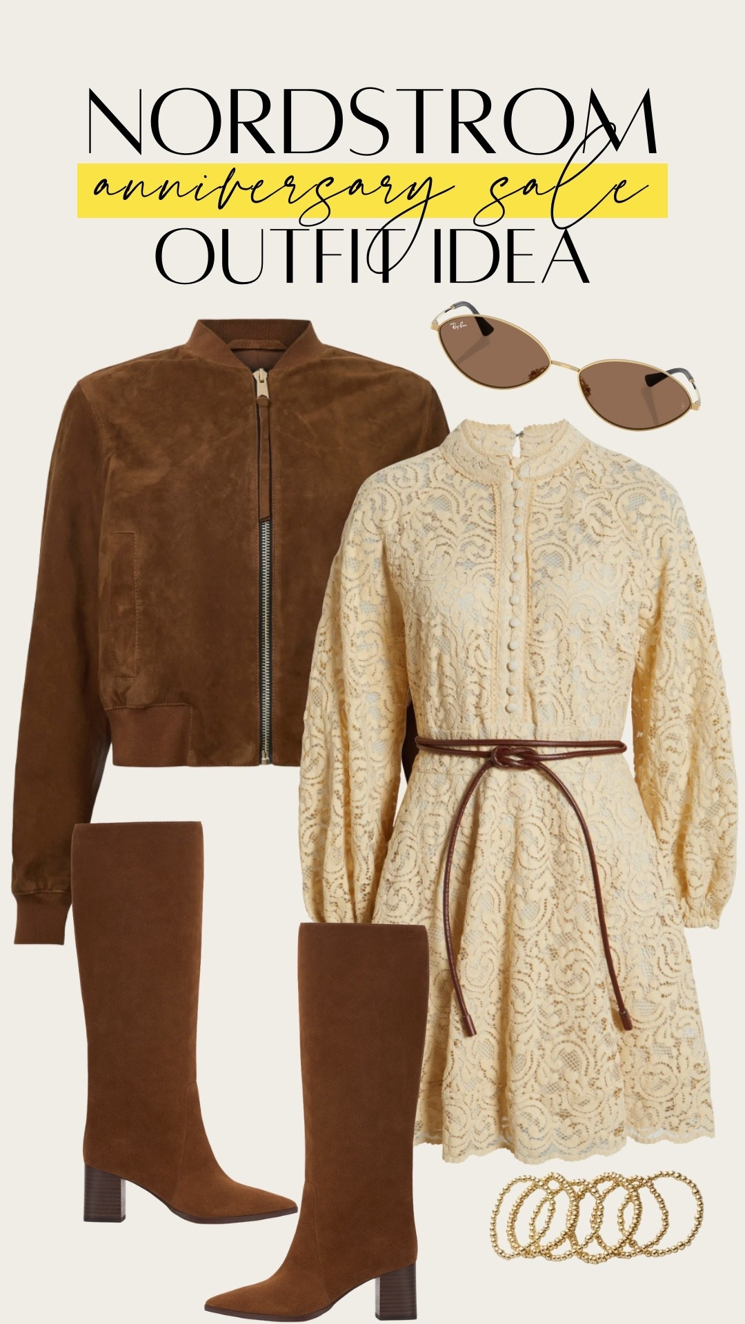 Love this neutral date night look, can also be work to work. The cream lace dress with high neck and buttons looks like Zimmerman and love that it comes with the rope belt to match the suede bomber jacket and suede knee high boots. Would look so cute for Texas college football Game Day. Nordstrom Anniversary Sale / NSale 2025

#LTKOver40 #LTKStyleTip #LTKSaleAlert