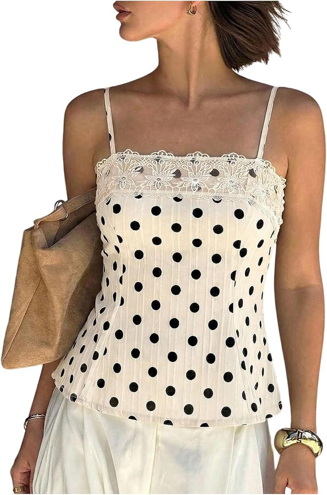 MakeMeChic Women's Polka Dots Lace Peplum Tops Spaghetti Strap Sleeveless Summer Cami Top | Amazon (US)