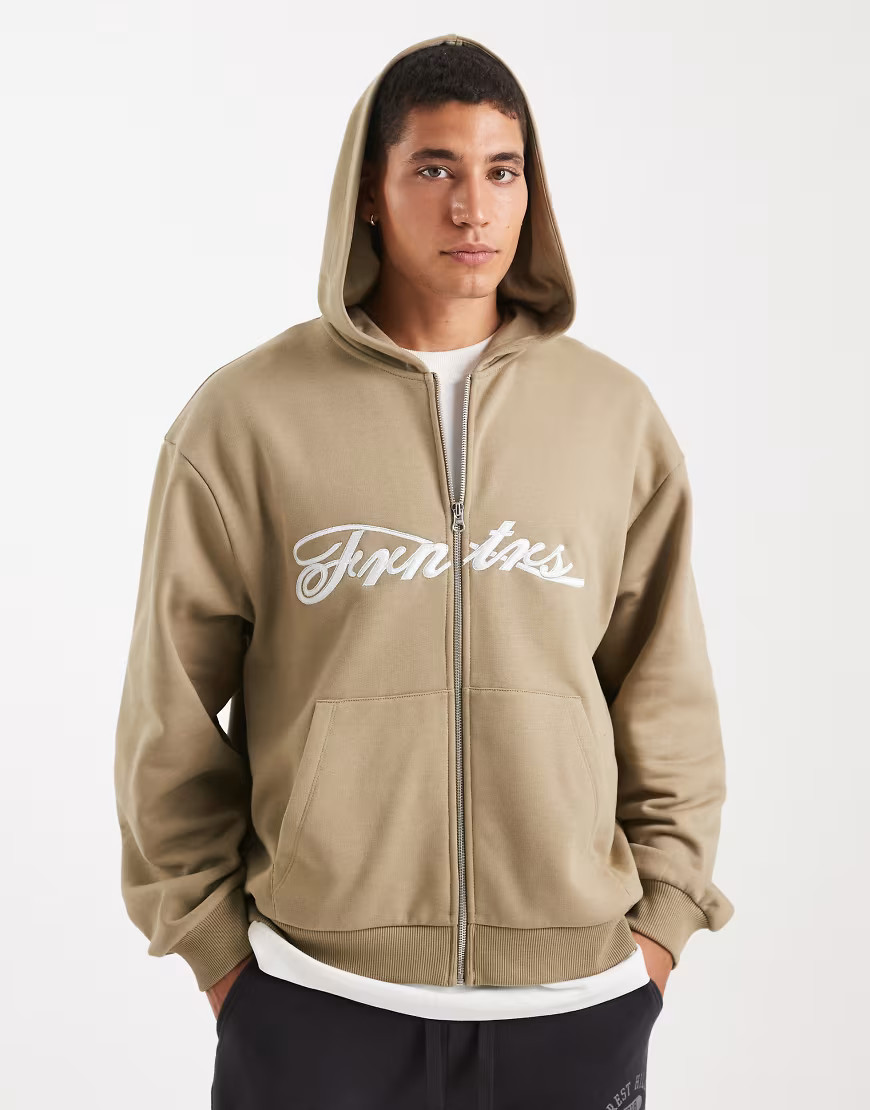 ASOS DESIGN relaxed zip up hoodie with embroidery print in beige-Neutral | ASOS (Global)