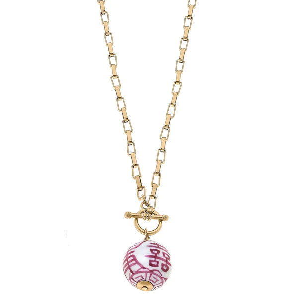 Laurel Chinoiserie T-Bar Necklace in Pink & White | CANVAS
