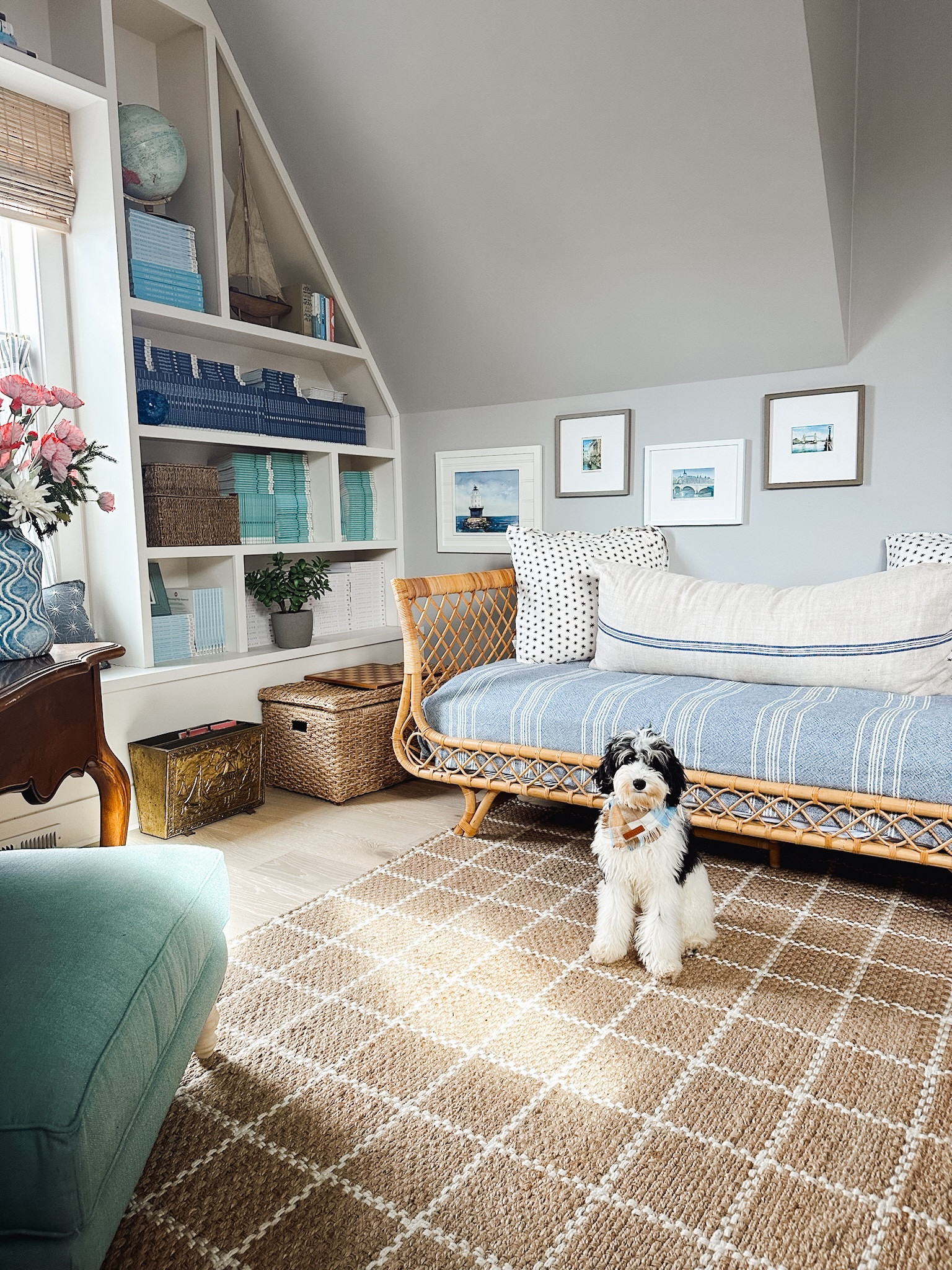 Rug, daybed, pillow (similar), wicker trunk, books 