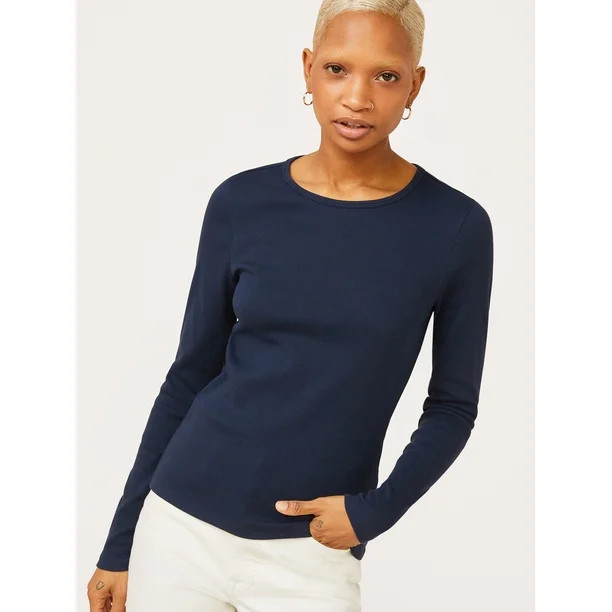 Free Assembly Women's Ribbed Crewneck T-Shirt with Long Sleeves | Walmart (US)
