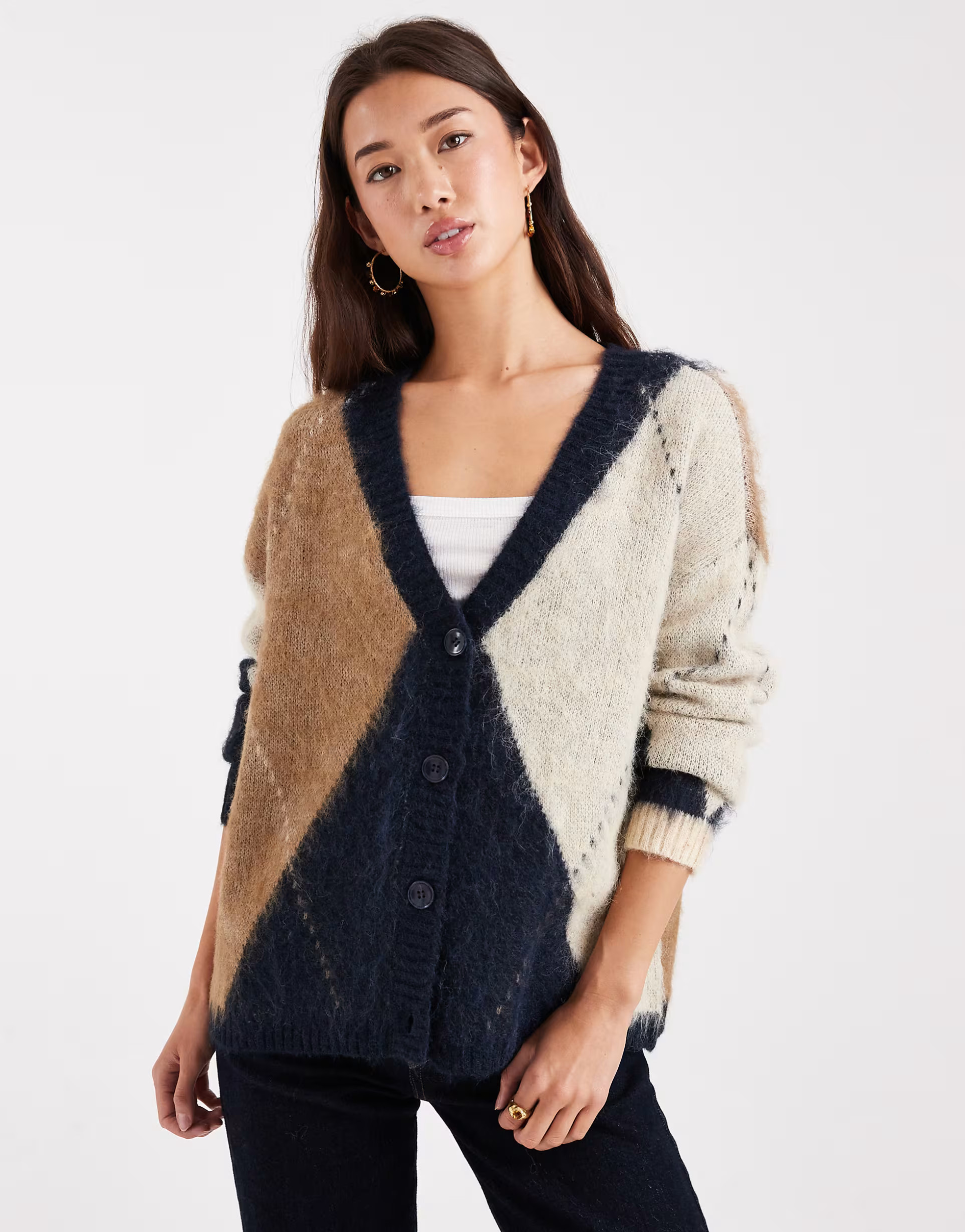 ONLY oversized fluffy cardigan in navy argyle | ASOS (Global)