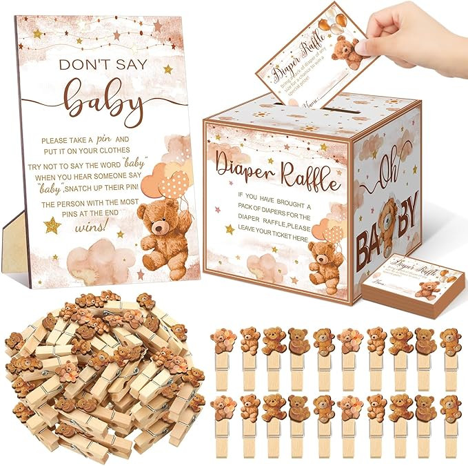 102 Pcs Bear Baby Shower Game Supplies Diaper Raffle Ticket with Diaper Raffle Card Box Don't Say... | Amazon (US)