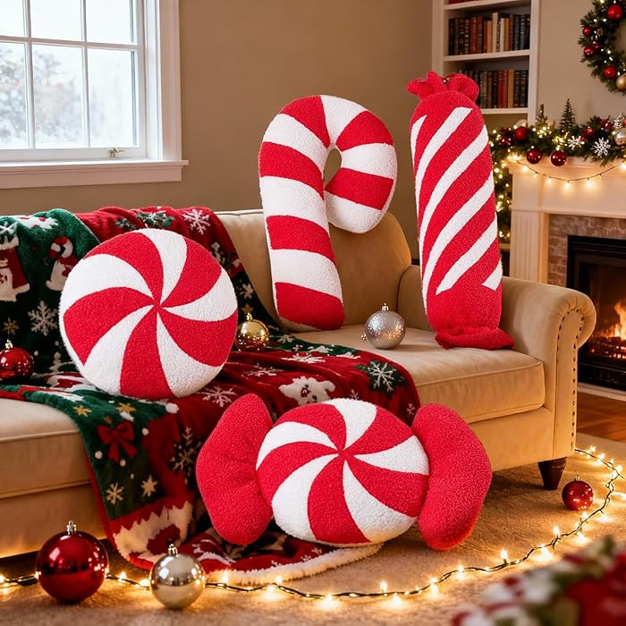 Lanpn Christmas Candy Pillows Set of 4, Christmas Decoration Winter Throw Pillows Soft Fleece Cut... | Amazon (US)