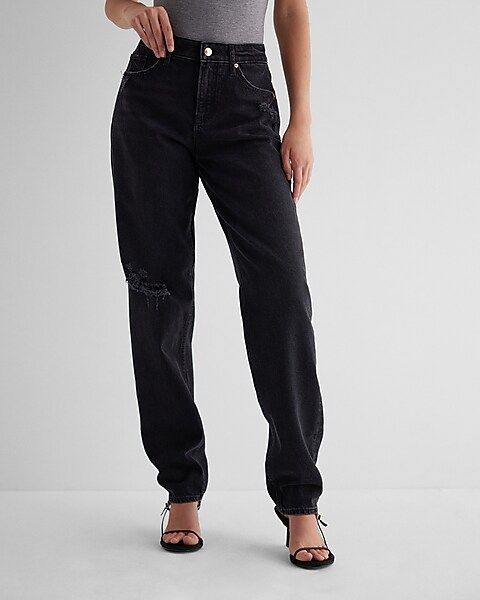 Mid Rise Black Ripped Baggy Tapered Jeans | Express