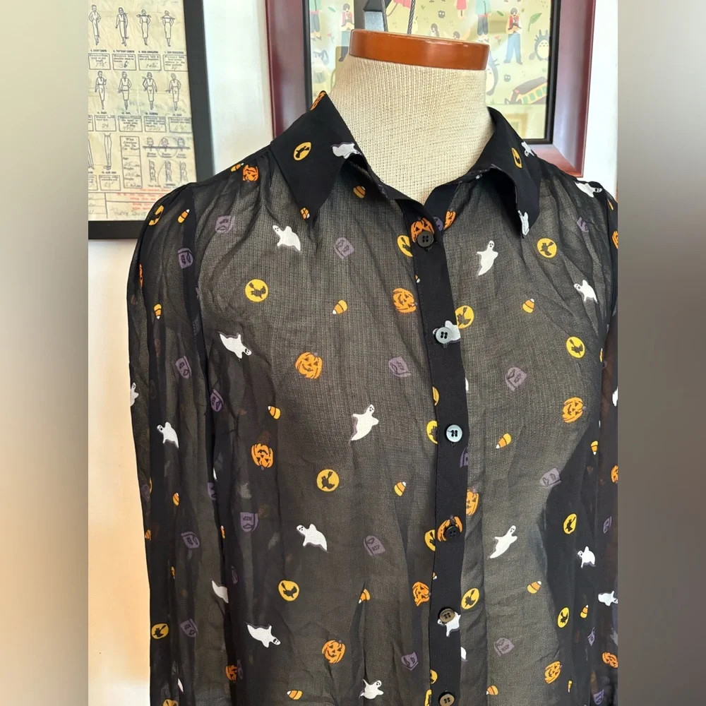 MODCLOTH: Whimsigoth Halloween Sheer Button down Blouse *SZ.S (BLACK-MULTI) | Poshmark