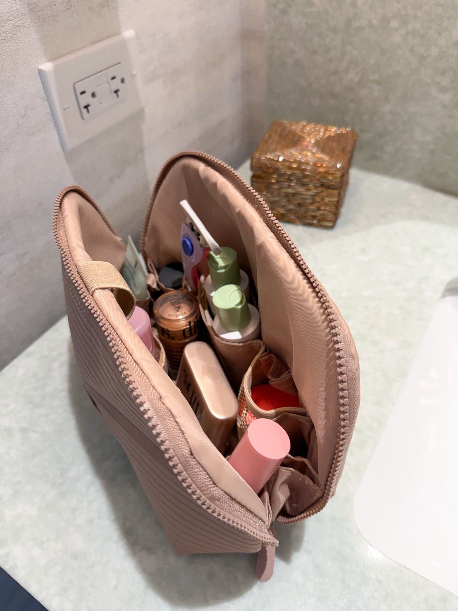 Traveling with ease! Loving this stylish and functional makeup bag to keep all my essentials organized and stands upright. #travelessentials #makeupbag

#LTKmomlife #LTKTravel