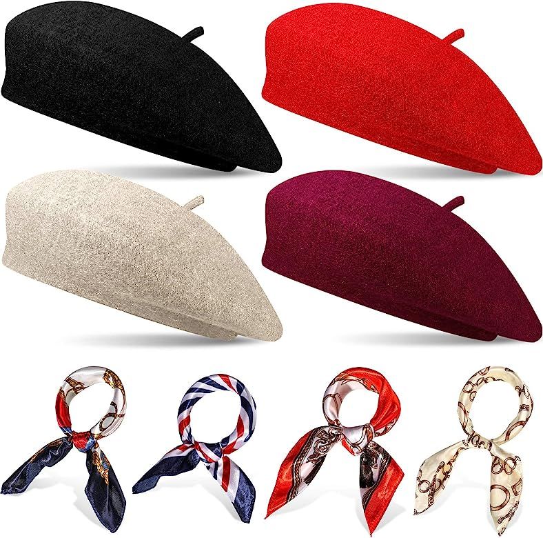 4 Sets Wool Beret Hat French Artist Beret with Square Satin Neck Scarf, Beret Beanie Hats 19.7 x ... | Amazon (US)