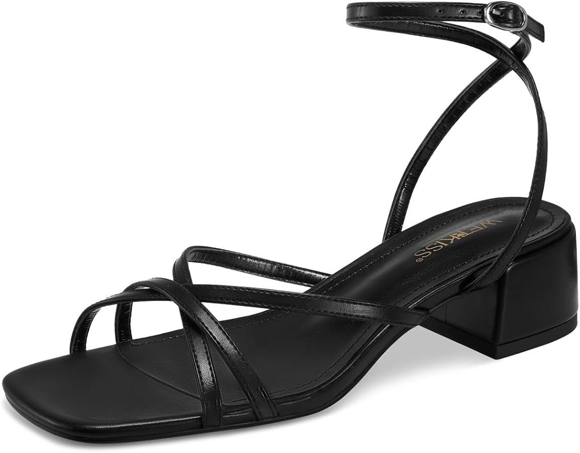 wetkiss 2 Inch Low Heels Chunky Strappy Heels Women Woven Low Summer Sandals Square Toe Black Wov... | Amazon (US)