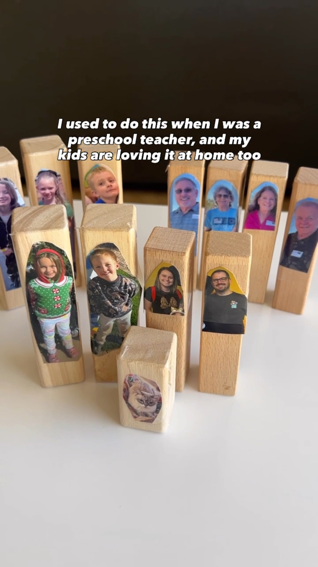 I think our cat block might be my favorite 😹

I used to tape photos of friends and family onto blocks in my classroom and now my kids can’t get enough of it at home!

There’s just something magical about seeing familiar faces show up in their block worlds. They build houses for grandma, drive to school with their cousins, and make up the sweetest stories.

It’s such an easy way to spark imagination and support connection.

#LTKKids #LTKFamily