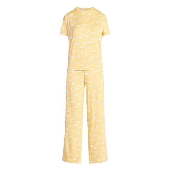 Joyspun Women's Dreamy Soft Collection Short Sleeve Sleep Top and Open Leg Pants Pajama Set, 2-Pi... | Walmart (US)