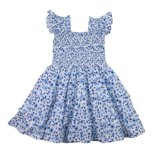 Navy And Blue Floral Smocked Ruffle Dress - Shipping Early May | Cecil and Lou
