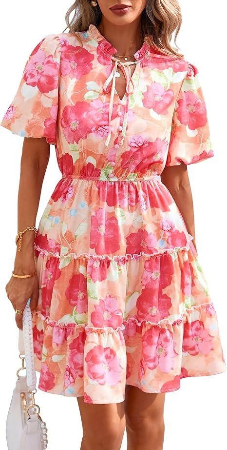 BTFBM Women Summer Floral Short Dresses V Neck Short Sleeve Tiered Ruffle Boho Swing Dress A-Line... | Amazon (US)