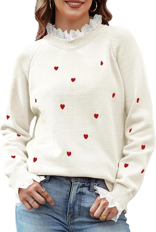 Gihuo Valentines Sweater for Women Heart Embroidered Sweaters Cute Lace Trim Knit Pullover | Amazon (US)