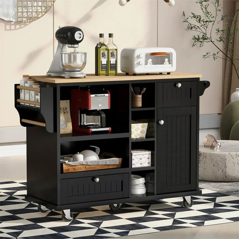 Kitchen Island Cart on Wheels, Rolling Kitchen Island with 2 Drawers, 1 Cabinet, 6 Open Compartme... | Walmart (US)