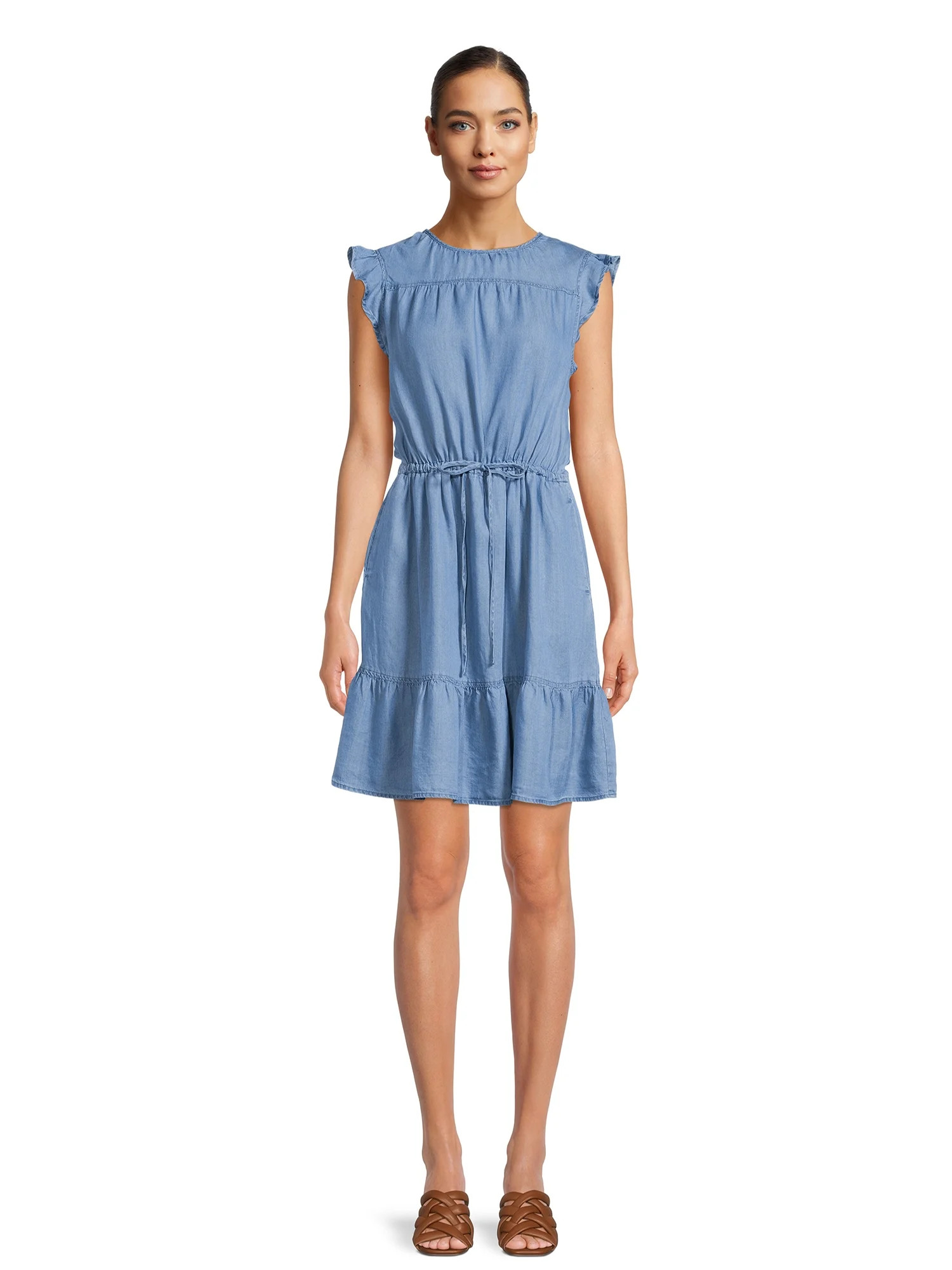 Time and Tru Women’s Woven Flutter Sleeve Dress with Flounce Hem | Walmart (US)