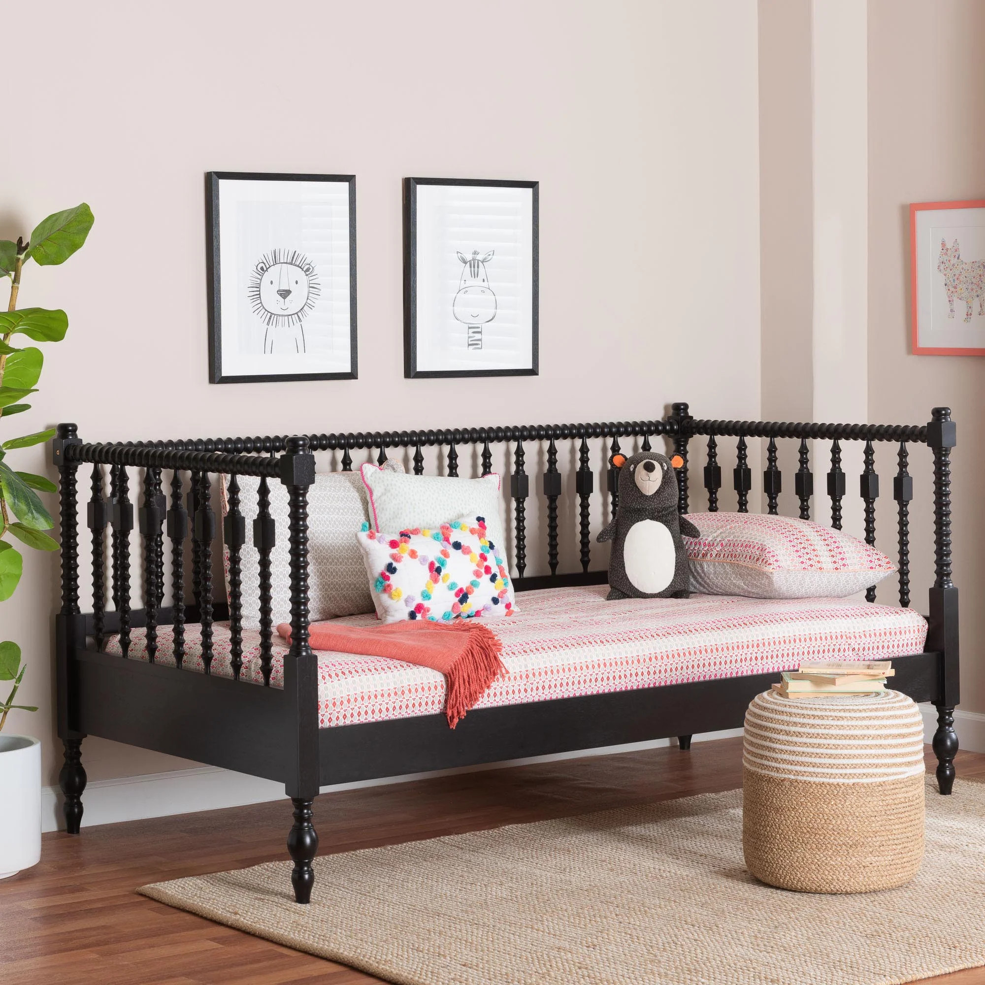 Baxton Studio Cherryl Spindle Daybed - Turned Farmhouse Sofa Bed with Spoked Frame Border for Living Room, Guest Room, or Kids Room, Black, Twin | Wayfair North America