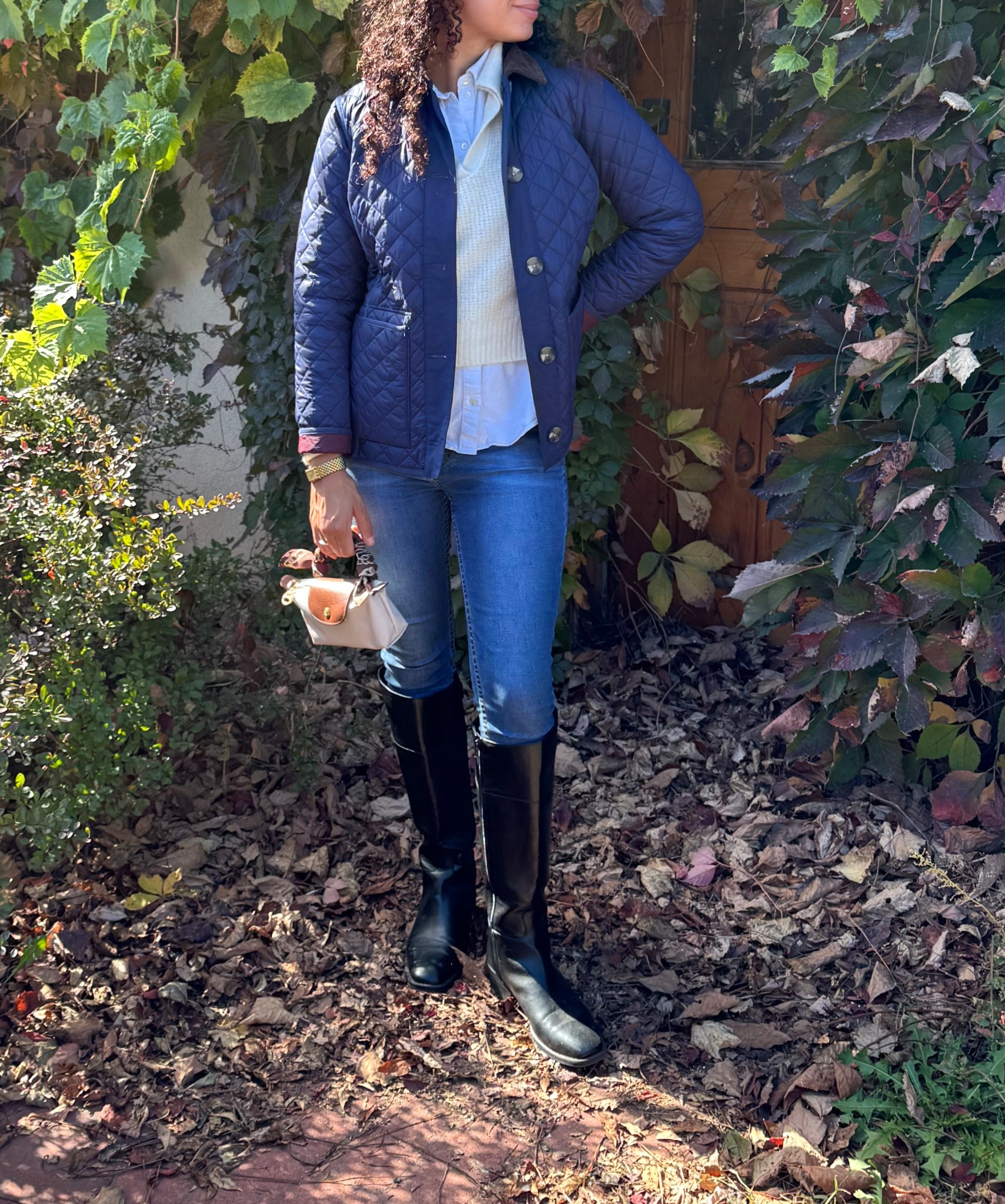 Preppy fall outfit for a winery 🍷 🍁 skinny jeans with riding boots, a button up, sweater polo, and quilted jacket 

#LTKSeasonal #LTKStyleTip