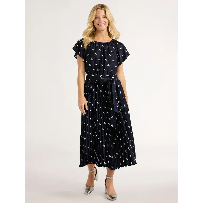 Free Assembly Women’s Pleated Midi Dress with Flutter Sleeves, Sizes XS-XXL | Walmart (US)