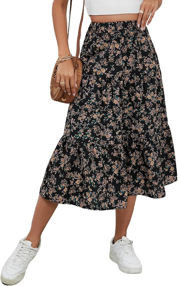 Milumia Women's Floral Print Ruffle Hem A Line High Waist Flare Flowy Midi Skirts | Amazon (US)