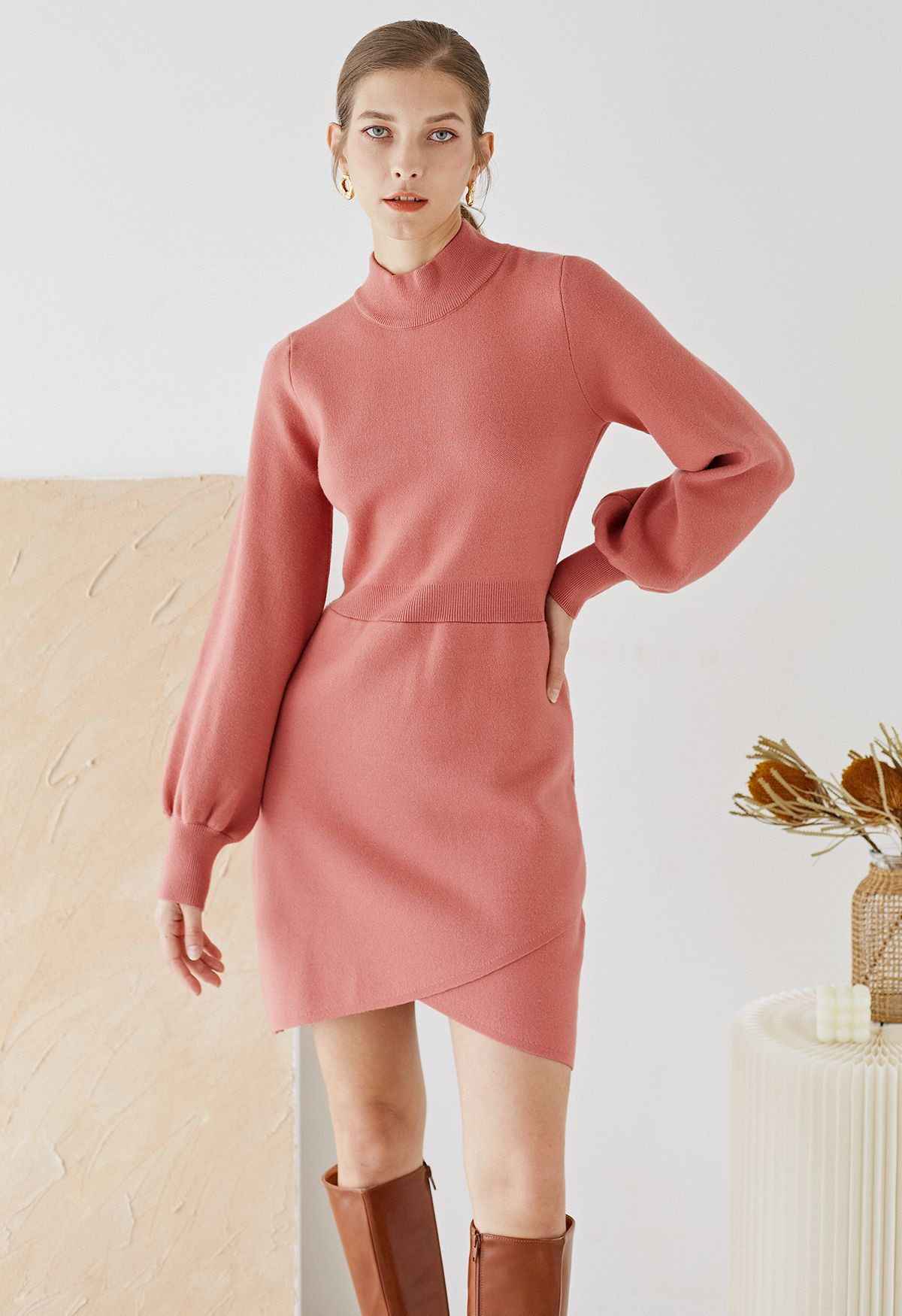 Mock Neck Cross Hem Knit Midi Dress in Coral | Chicwish