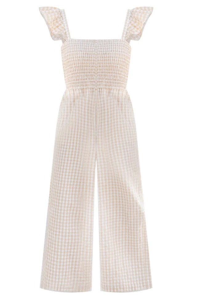 Country At Heart Beige Smocked Bust Gingham Jumpsuit | Pink Lily