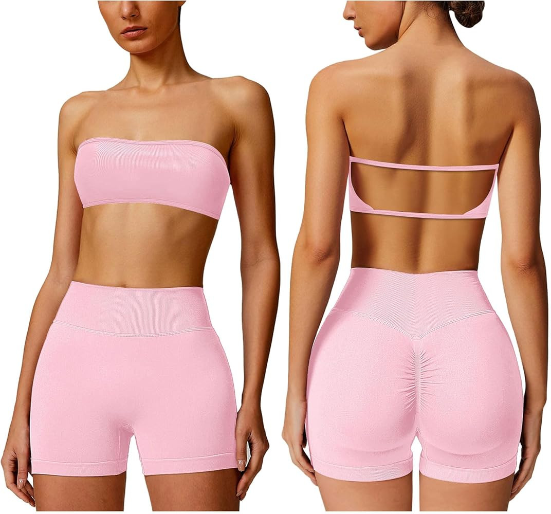 ABOCIW Workout Sets for Women Backless Bandeau Sports Bra Seamless Scunch Butt Lifting High Waist... | Amazon (US)