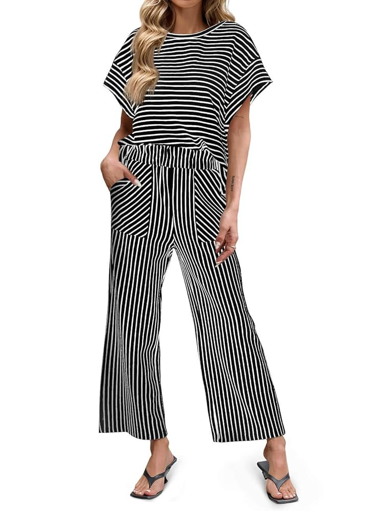 Tankaneo Womens Striped 2 Piece Sets Short Sleeve T Shirts Wide Leg Pants Matching Lounge Set wit... | Amazon (US)