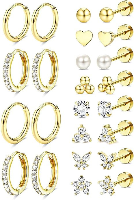 Jstyle Hypoallergenic 14K Gold Plated Stud Hoop Earrings for Women Men Surgical Stainless Steel F... | Amazon (US)