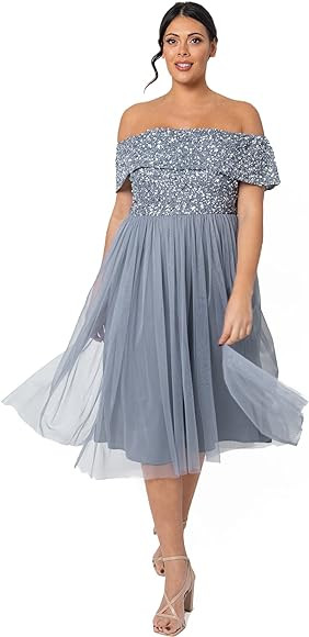 Maya Deluxe Damen Ladies Bardot Dresses Women Midi High Empire Waist Sequins Embellished Formal E... | Amazon (DE)