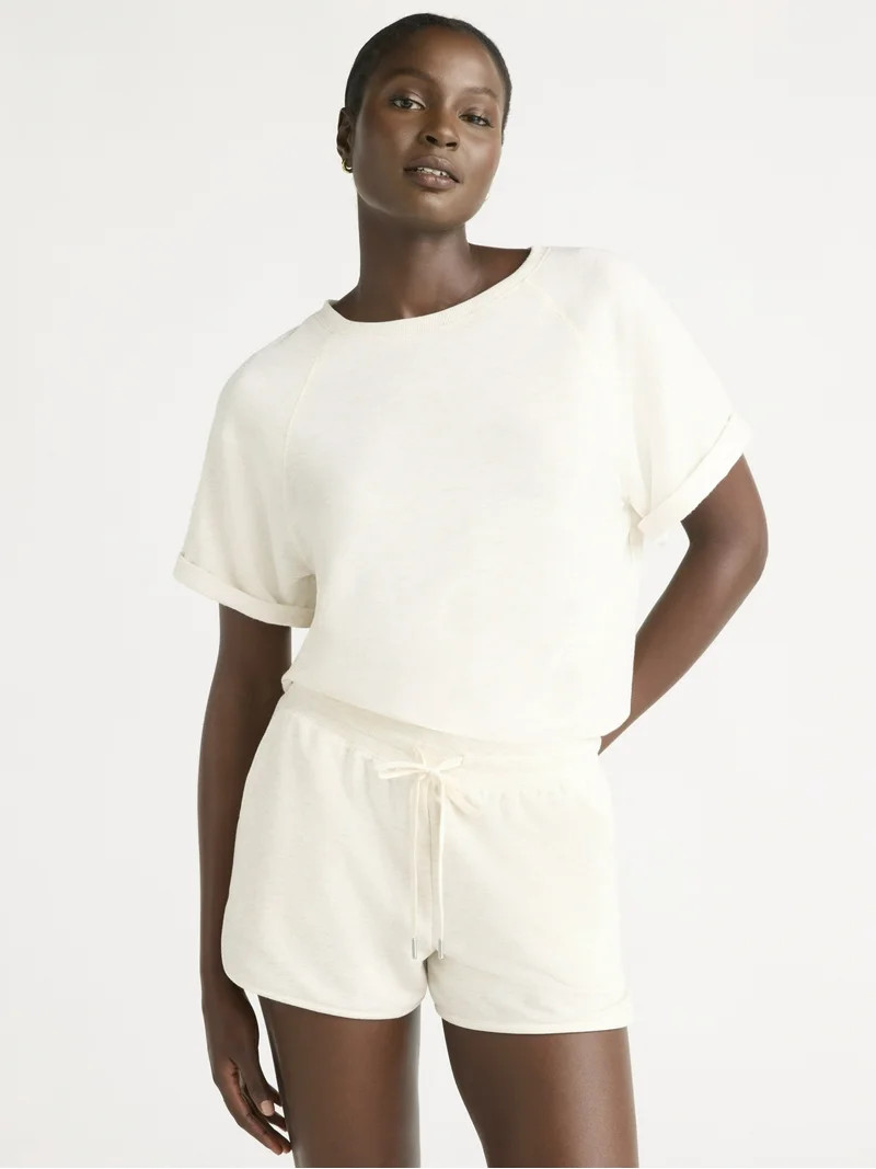 Joyspun Women's French Terry Short Sleeve Top and Shorts Pajama Set, 2-Piece, Sizes XS-3X | Walmart (US)