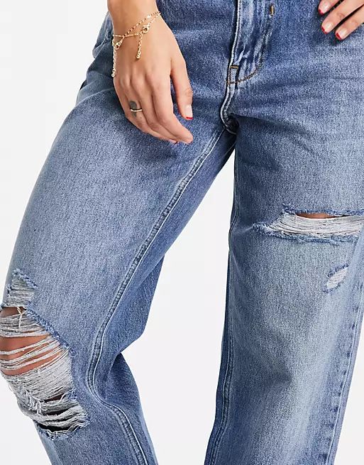 River Island ripped dad jeans in mid auth blue | ASOS (Global)