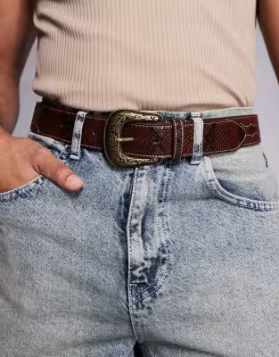 ASOS DESIGN western cowboy belt in brown faux leather with snakeskin and contrast stitch detail | ASOS (Global)