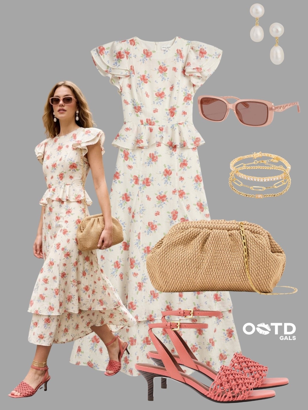 Soft florals and blush tones create the ultimate romantic summer look 🌸

This feminine floral midi dress feels elegant, graceful, and effortlessly polished while still being light enough for warm-weather occasions.

✨ Style Details:
• Cream midi dress with delicate pink and blue floral print
• Flutter sleeves and a softly flared silhouette for added movement
• Blush pink woven heeled sandals that complement the floral tones beautifully
• Natural woven clutch with gold chain detailing
• Pearl drop earrings and layered gold bracelets
• Soft rose-tinted sunglasses for a refined finishing touch

The combination of airy florals, woven textures, pearls, and blush accessories creates a look that feels timeless, romantic, and sophisticated without being overly formal.

Perfect for garden parties, bridal showers, baby showers, brunch dates, afternoon weddings, vacation dinners, summer celebrations, or elegant daytime events.

#LTKspring #LTKdresses #LTKstyletip
