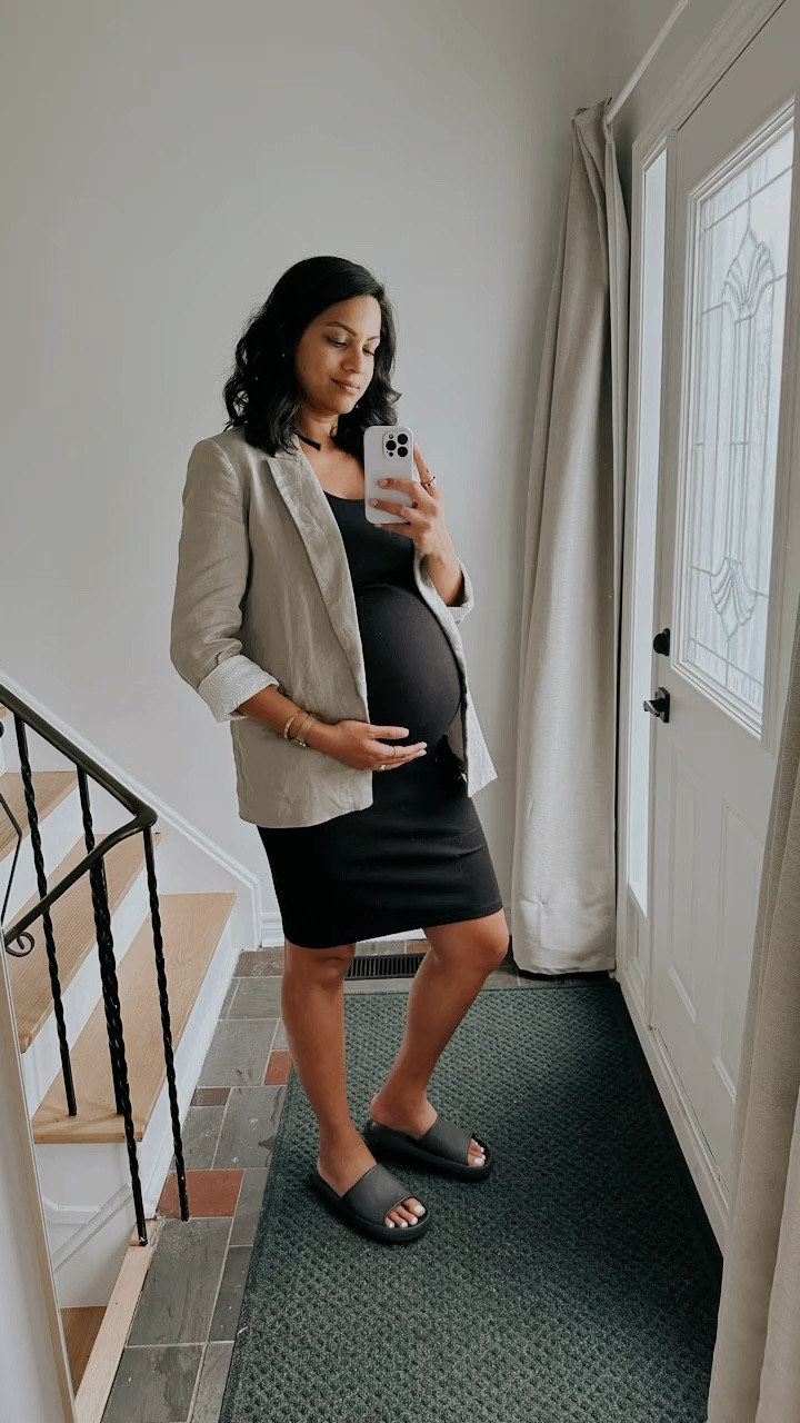 Office appropriate bump friendly non-maternity dress paired with a linen blazer for the air conditioning this summer. 

#LTKworkwear #LTKmidsize #LTKmaternity